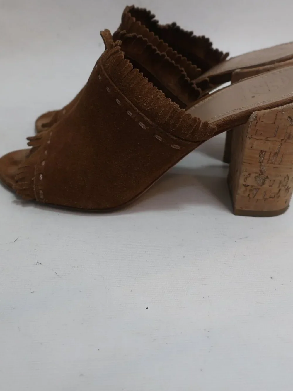 Womens Tory Burch Huntington Brown Fringed Suede Cork Block Heeled Sandals 7.5